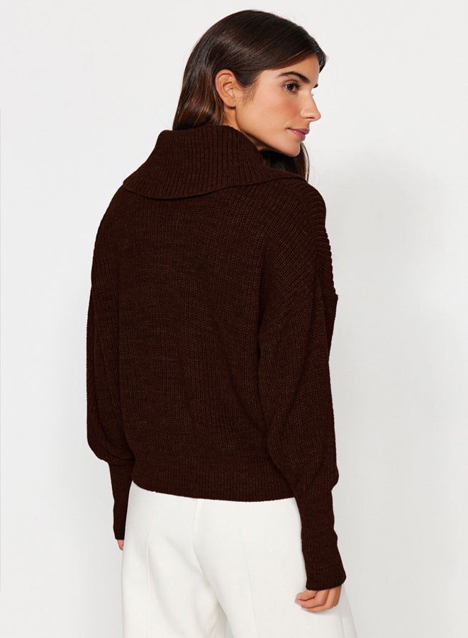 trendyol كارديجان محبوك بسحاب بياقة قابلة للطي بنمط واسع بني داكن - Image 5