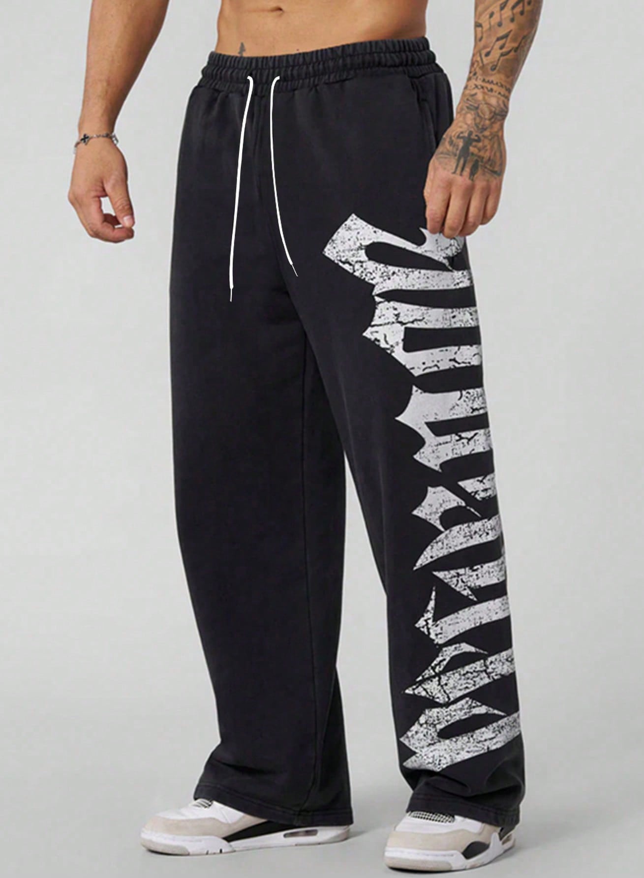 Men Letter Graphic Drawstring Waist Sweatpants Straight Leg Long Plain Black Going Out Goth, Goth Sweatpants, Men's Graphic Sweatpants, Black Sweatpants With White Graphic, For Rave, Back To School,Sp