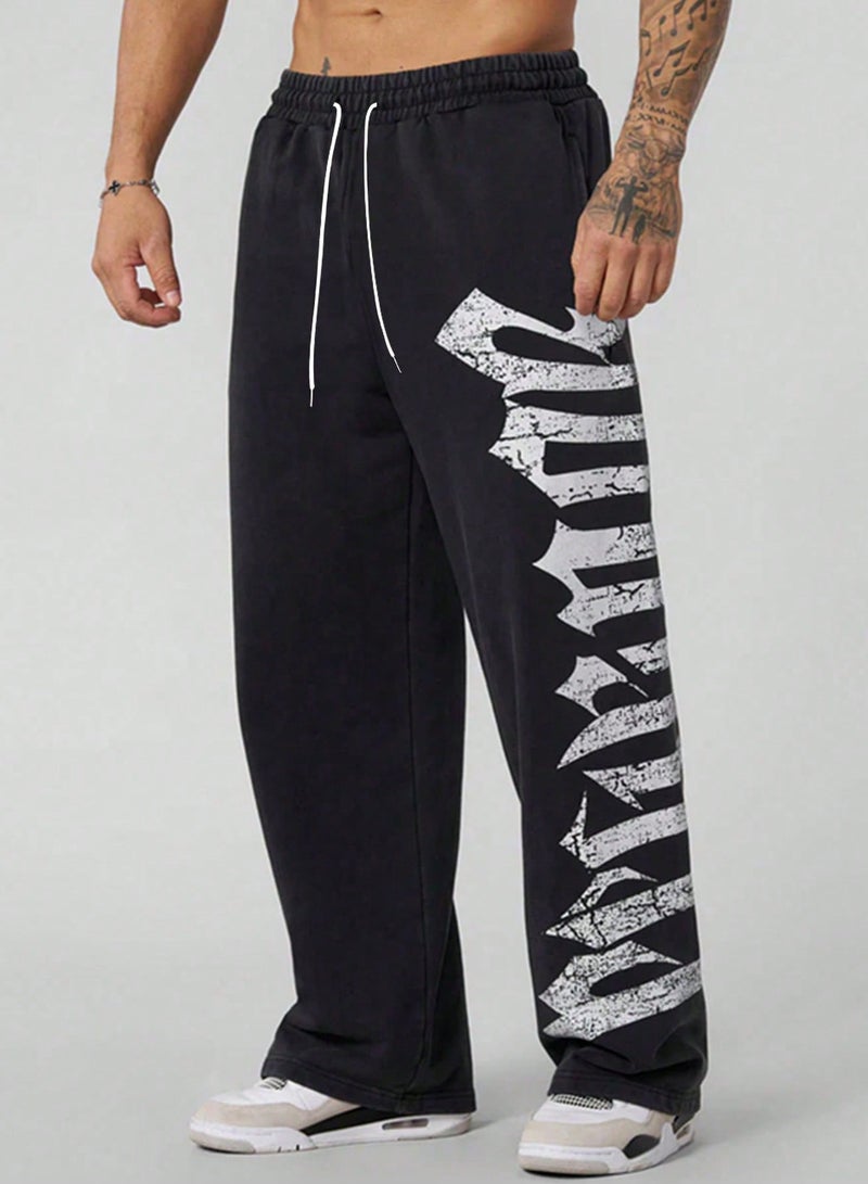Men Letter Graphic Drawstring Waist Sweatpants Straight Leg Long Plain Black Going Out Goth, Goth Sweatpants, Men's Graphic Sweatpants, Black Sweatpants With White Graphic, For Rave, Back To School,Sport Drawstring Waist Loose Fit Wide Leg Sweatpants,For Workout Gymwear - Image 1