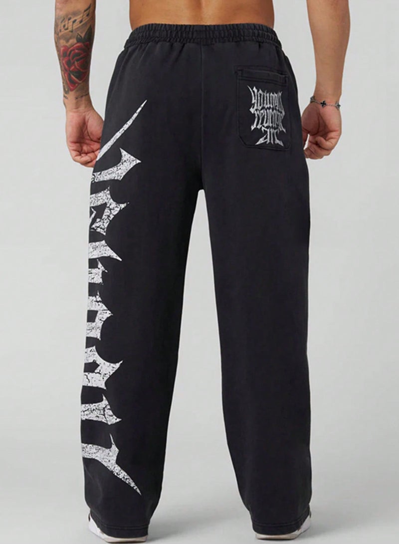 Men Letter Graphic Drawstring Waist Sweatpants Straight Leg Long Plain Black Going Out Goth, Goth Sweatpants, Men's Graphic Sweatpants, Black Sweatpants With White Graphic, For Rave, Back To School,Sport Drawstring Waist Loose Fit Wide Leg Sweatpants,For Workout Gymwear - Image 2