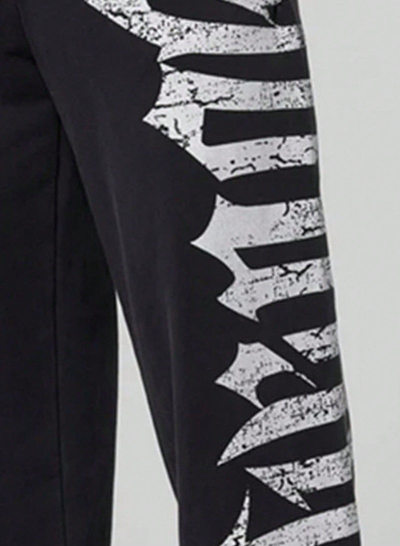 Men Letter Graphic Drawstring Waist Sweatpants Straight Leg Long Plain Black Going Out Goth, Goth Sweatpants, Men's Graphic Sweatpants, Black Sweatpants With White Graphic, For Rave, Back To School,Sport Drawstring Waist Loose Fit Wide Leg Sweatpants,For Workout Gymwear - Image 4