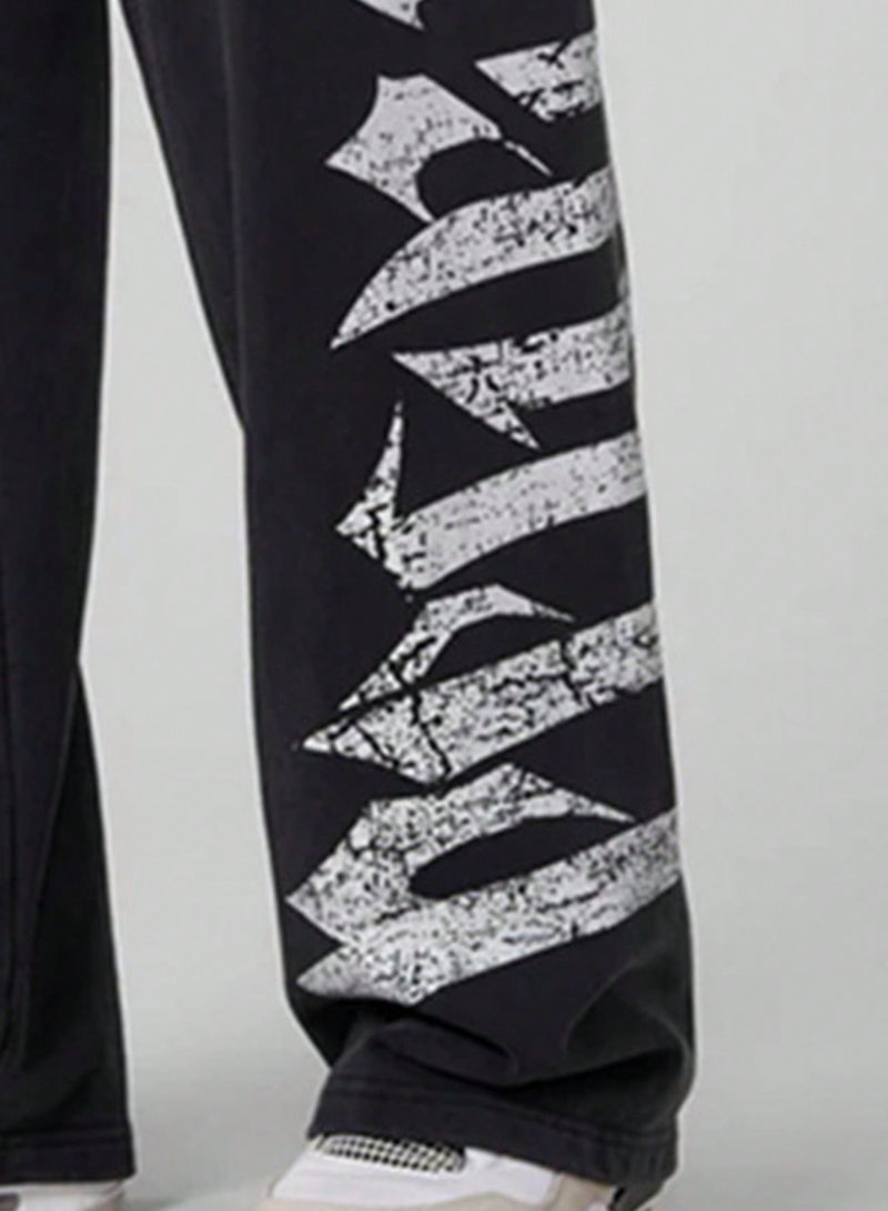 Men Letter Graphic Drawstring Waist Sweatpants Straight Leg Long Plain Black Going Out Goth, Goth Sweatpants, Men's Graphic Sweatpants, Black Sweatpants With White Graphic, For Rave, Back To School,Sport Drawstring Waist Loose Fit Wide Leg Sweatpants,For Workout Gymwear - Image 3