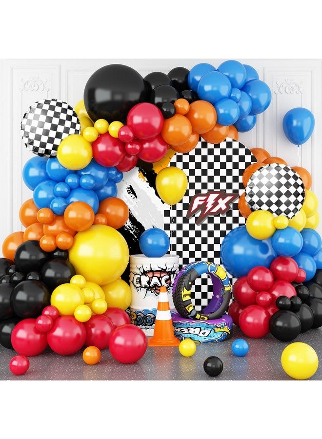 Sowide Speedster Theme Balloons Arch Garland Kit, Blue Red Black Checkered Pattern Flag Foil Balloon, Speedster Themed Decorations for Boys Birthday Party Baby Shower - Image 1