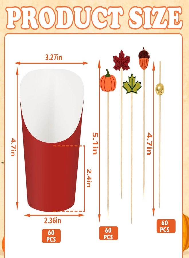 Whaline أكواب ورقية من واهلين 60 قطعة لخريف مع أعواد 14 أونصة باللون الأصفر والبرتقالي والأحمر والأخضر، أكواب مقبلات قابلة للتصرف لحامل البطاطس المقلية لمستلزمات حفلات عيد الشكر في موسم الحصاد الخريفي - Image 2