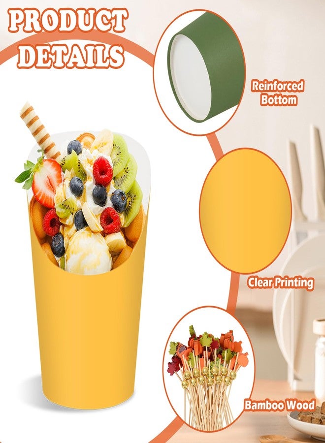 Whaline أكواب ورقية من واهلين 60 قطعة لخريف مع أعواد 14 أونصة باللون الأصفر والبرتقالي والأحمر والأخضر، أكواب مقبلات قابلة للتصرف لحامل البطاطس المقلية لمستلزمات حفلات عيد الشكر في موسم الحصاد الخريفي - Image 3