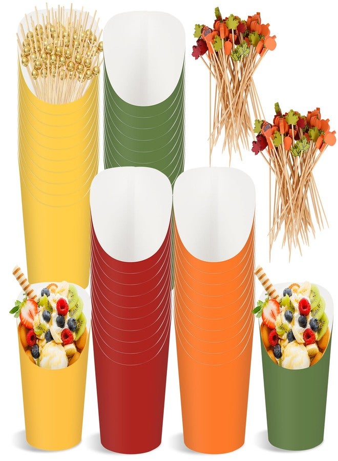 Whaline أكواب ورقية من واهلين 60 قطعة لخريف مع أعواد 14 أونصة باللون الأصفر والبرتقالي والأحمر والأخضر، أكواب مقبلات قابلة للتصرف لحامل البطاطس المقلية لمستلزمات حفلات عيد الشكر في موسم الحصاد الخريفي - Image 1
