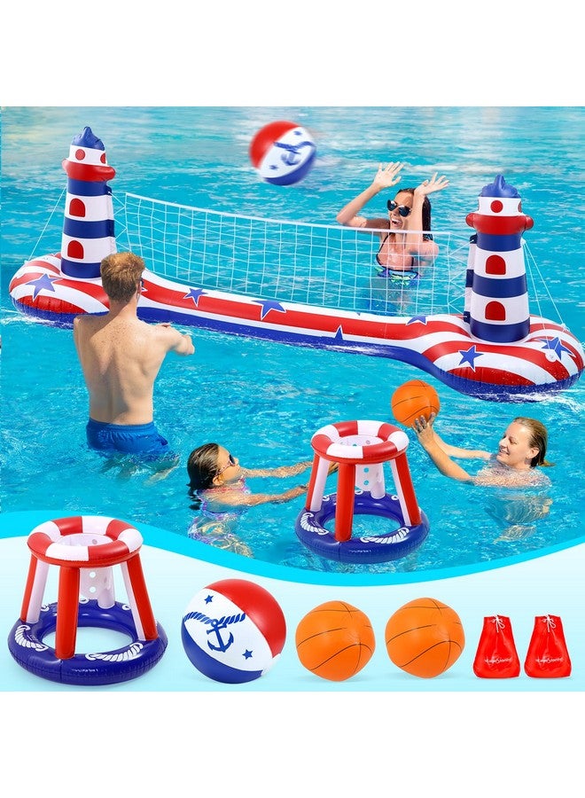 EagleStone Inflatable Pool Float Set with Volleyball Net & Basketball Hoop,2-in-1 Floating Water Games for Kids Adults, Backyard Beach Summer Toys, Heavy-Duty PVC Family Pool Party Essentials - Image 1