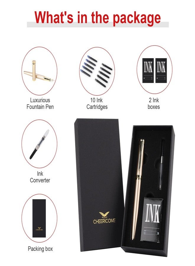 Cheericome Fountain Pen Set - Luxury Writing Instrument for Men & Women - Fine Nib With 10 Ink Cartridges and Refill Converter - Gold - Image 2
