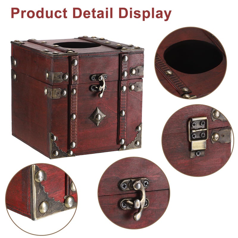 Sumnacon Tissue Box Retro Wood Square Tissue Box Cover Vintage Cube Tissue Box Holder,Decorative Tissue Holder for Bedroom Bathroom Toilet Table Desk Car Store Office Home,Red - Image 4