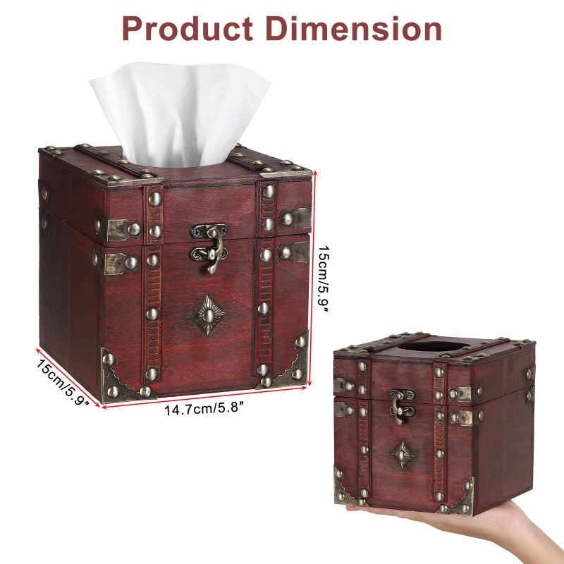 Sumnacon Tissue Box Retro Wood Square Tissue Box Cover Vintage Cube Tissue Box Holder,Decorative Tissue Holder for Bedroom Bathroom Toilet Table Desk Car Store Office Home,Red - Image 3