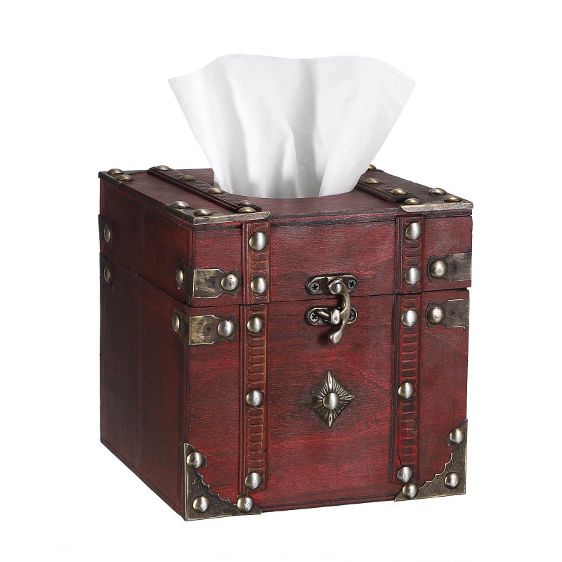 Sumnacon Tissue Box Retro Wood Square Tissue Box Cover Vintage Cube Tissue Box Holder,Decorative Tissue Holder for Bedroom Bathroom Toilet Table Desk Car Store Office Home,Red - Image 1