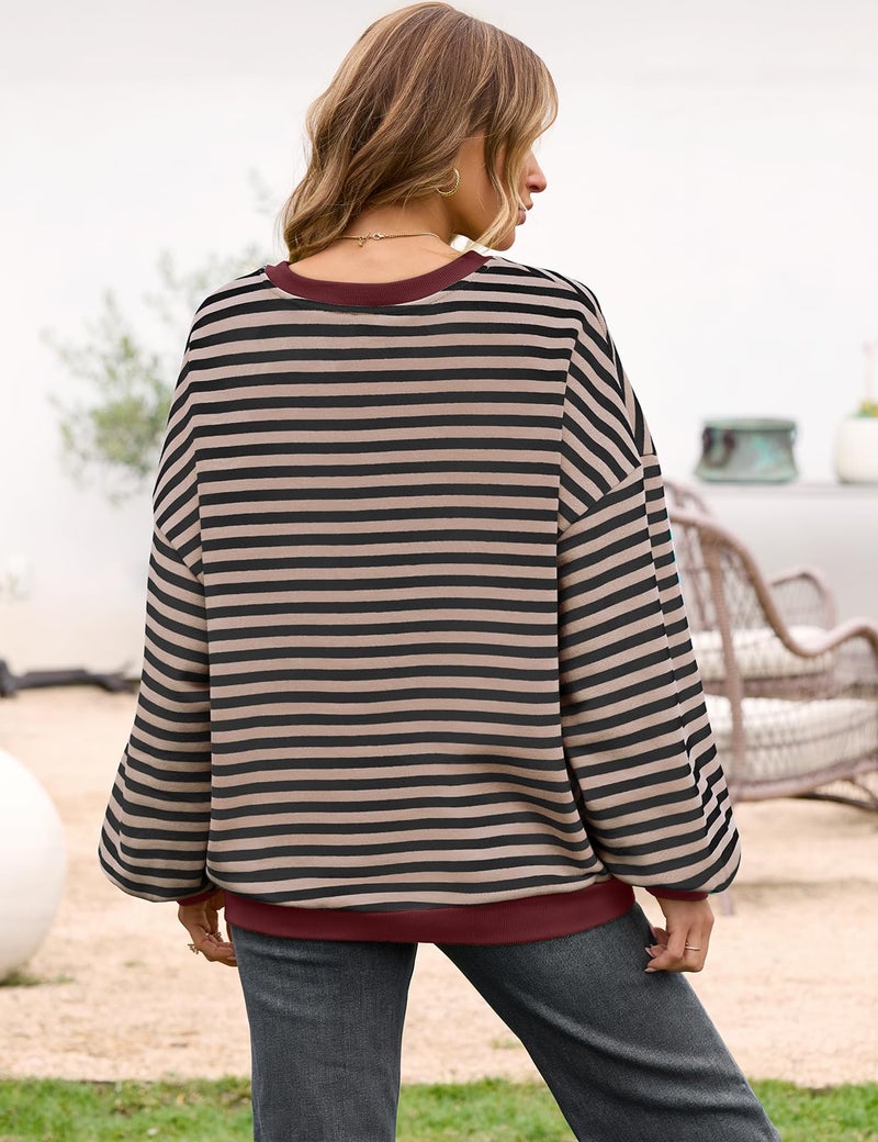 UEU Women Striped Oversized Sweatshirt Color Block Crewneck Long Sleeve Casual Pullover Shirt Black Coffee Medium - Image 5