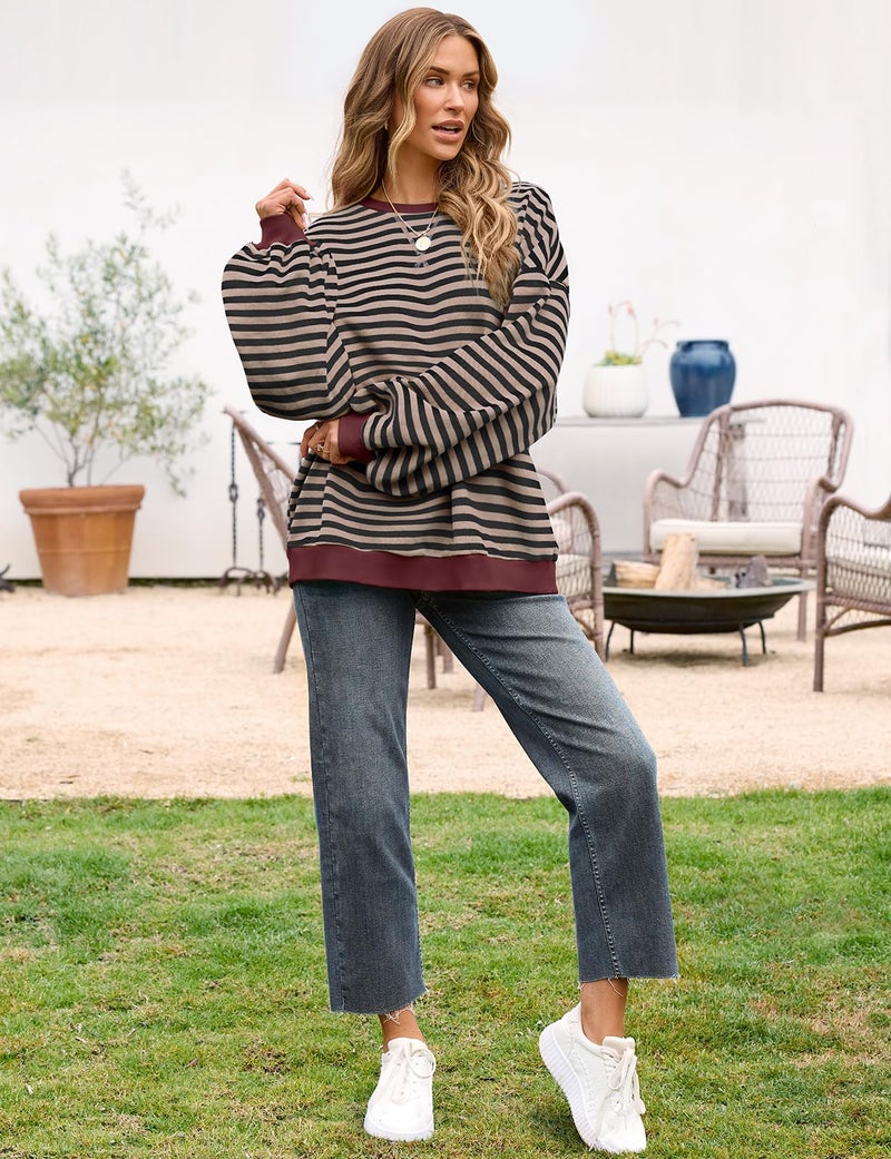 UEU Women Striped Oversized Sweatshirt Color Block Crewneck Long Sleeve Casual Pullover Shirt Black Coffee Medium - Image 4