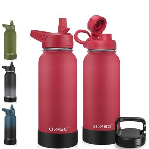 CIVAGO 32 oz Insulated Water Bottle With Straw, Stainless Steel Sports Water Cup Flask with 3 Lids, Wide Mouth Travel Thermal Mug, Red - Image 1