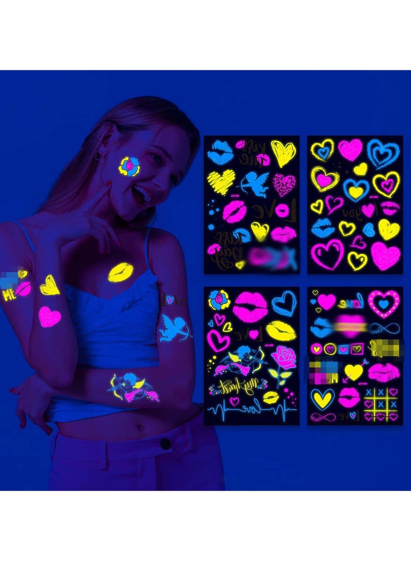SYOSI 4 Sheets Glow in the Dark Tattoos Stickers Neon Temporary Makeup for Women Heart Tattoos Temporary Tattoo Stickers Bride Wedding  Heart Face Stickers Face Tattoos - Image 1