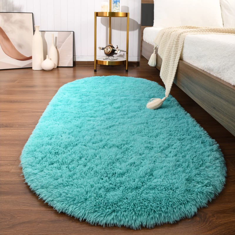Softlife Fluffy Rugs for Bedroom Shag Cute Area Rug for GirlsBoys and Kids Baby Room Home Decor 26 x 53 Feet Oval Indoor Carpet for Nursery Dorm Living Room Turquoise Blue