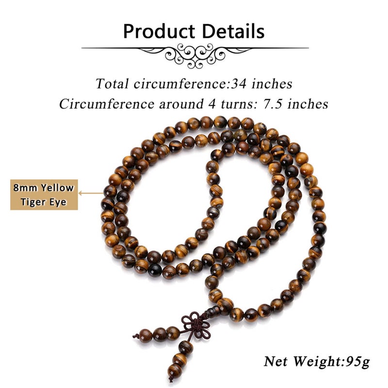 Jovivi Tibetan 8mm 108 Natural Tiger Eye Gemstone Beads Prayer Mala Bracelet Necklace - Image 5