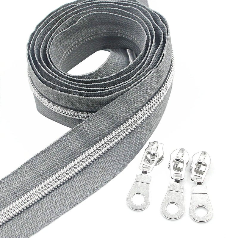 Leekayer 5 Metallic Silver Nylon Coil Zippers by The Yard Bulk 10 Yards Grey Tape with 25pcs Silver Sliders for DIY Sewing Tailor Craft BagGrey