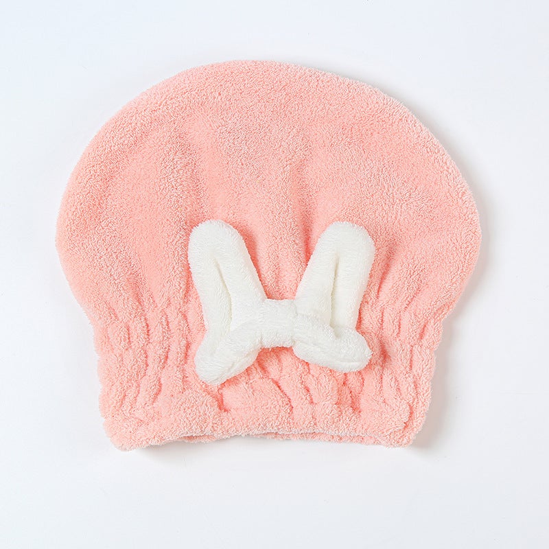 Generic Thickened Coral Fleece Large Bow Hair Drying Cap Super Absorbent Quick-drying Womens Princess Hat Hair Towel shallow powder 