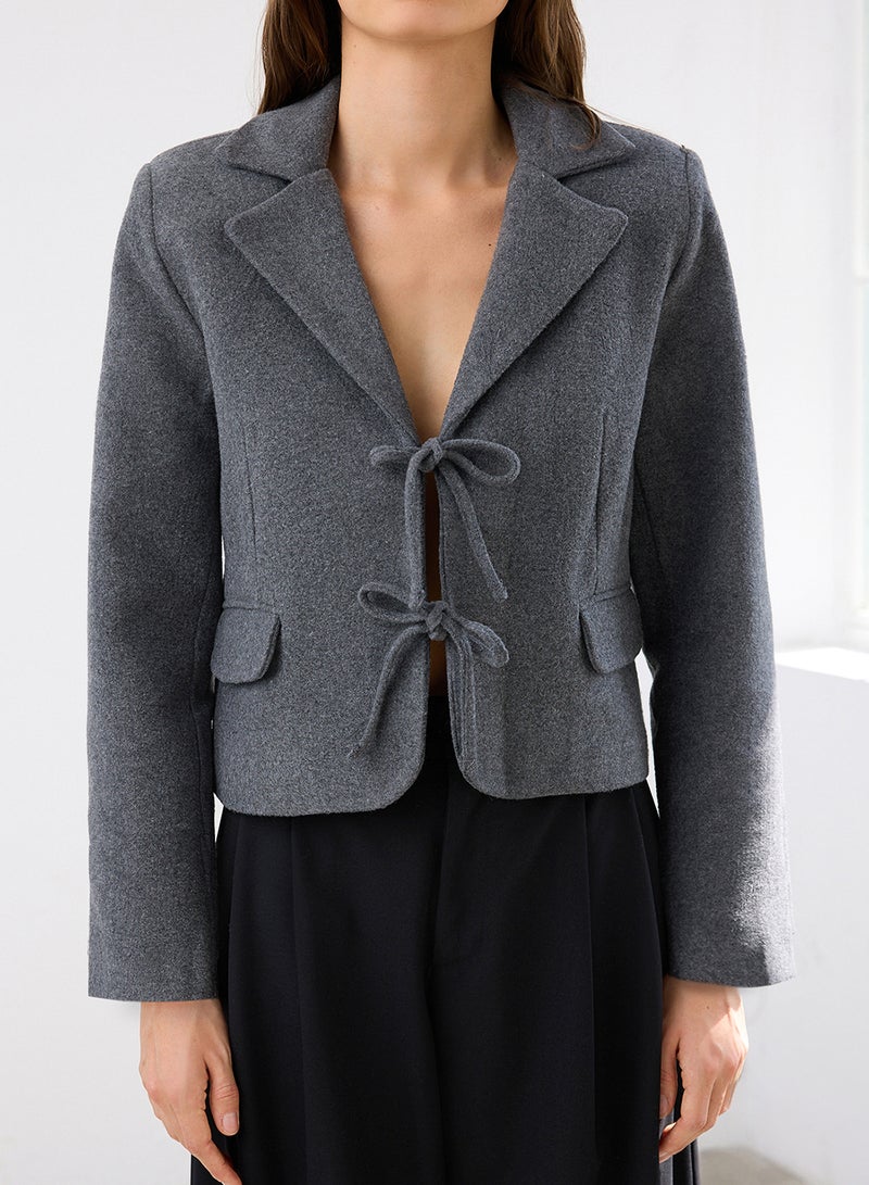 trendyol Anthracite Tie Detail Short Cashmere Woven Wool Blazer Jacket - Image 3