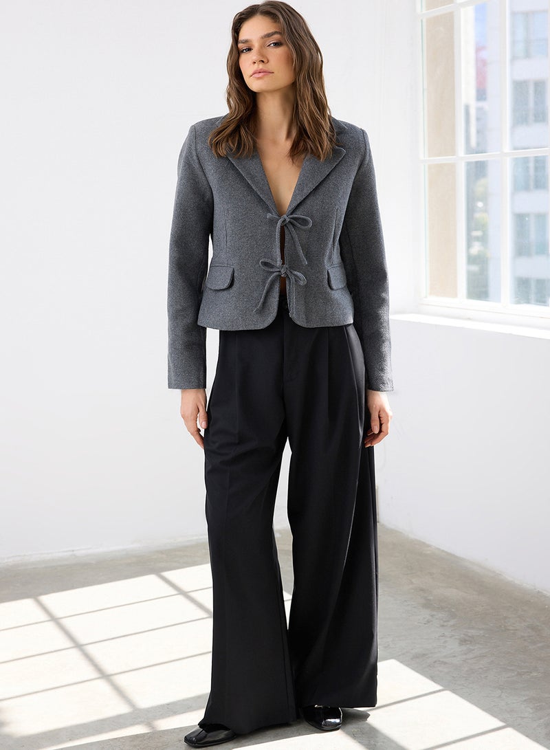 trendyol Anthracite Tie Detail Short Cashmere Woven Wool Blazer Jacket - Image 2