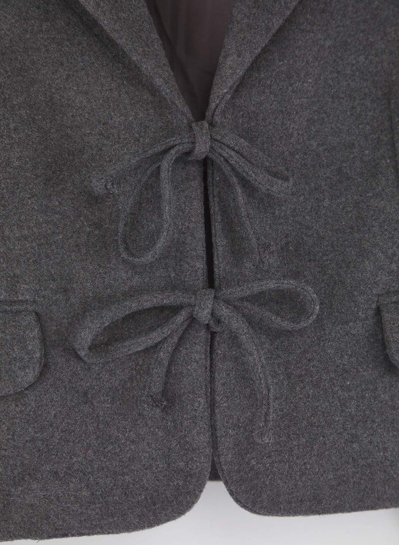 trendyol Anthracite Tie Detail Short Cashmere Woven Wool Blazer Jacket - Image 5