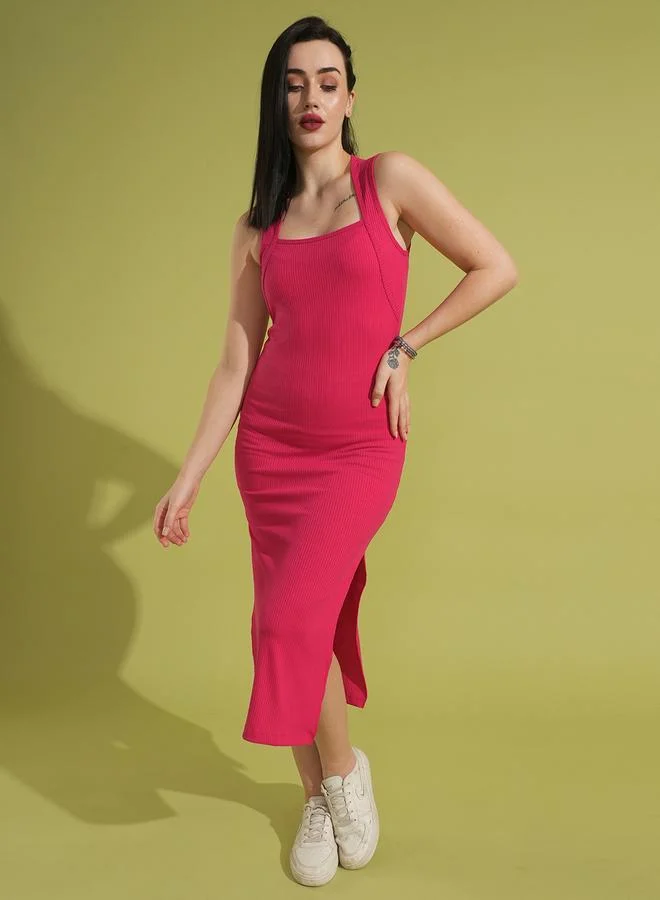 globus Globus Women Pink Ribbed Square Neck Sheath Midi Dress with Side Slit
