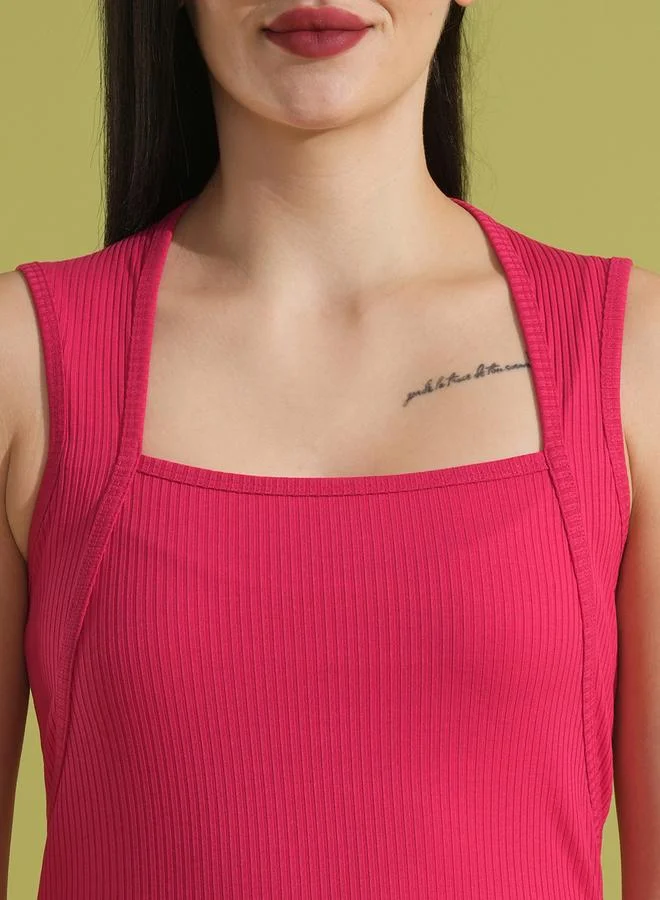 globus Globus Women Pink Ribbed Square Neck Sheath Midi Dress with Side Slit