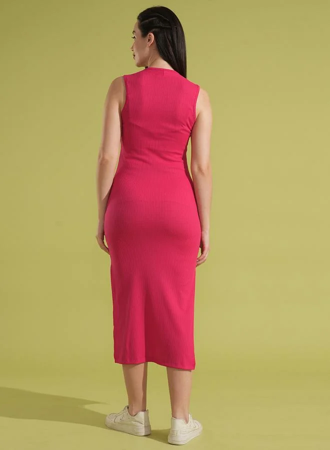 globus Globus Women Pink Ribbed Square Neck Sheath Midi Dress with Side Slit