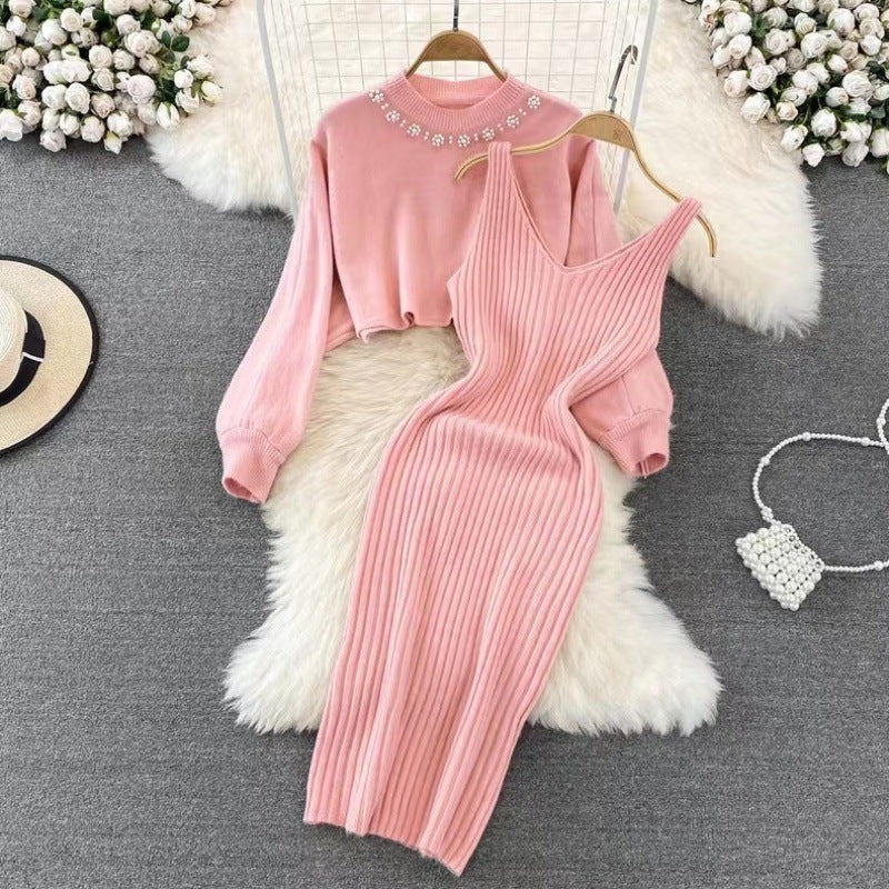 Chic Beaded Crop Sweater  Knit Vest Dress Set Pink - Image 1