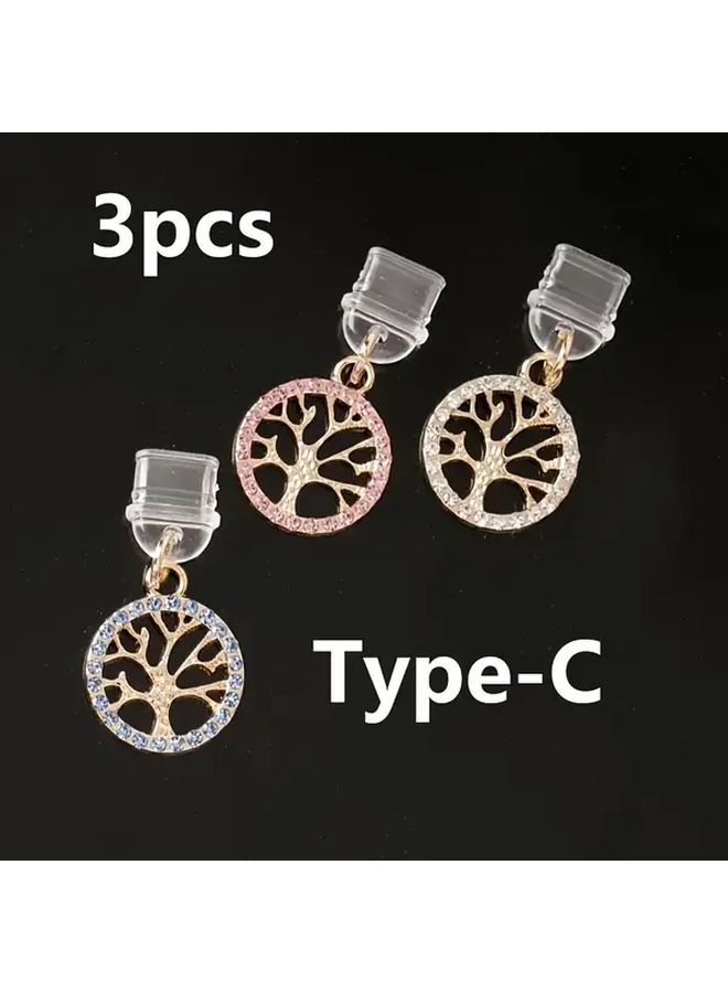 3Pcs Rhinestone Round Tree Phone Dust Plugs For iPhone Models Mobile Accessories Decorations - Image 1