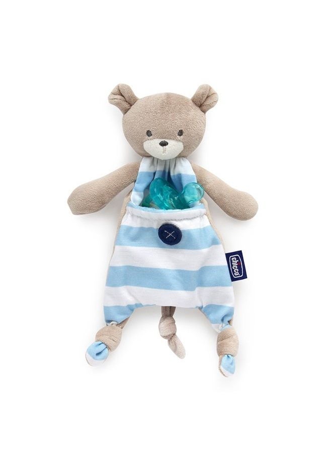 Chicco Pocket Buddies Soft Pacifier Holder-Lovey, Soothing Plush Toy Animal 0m+, Blue Bear 