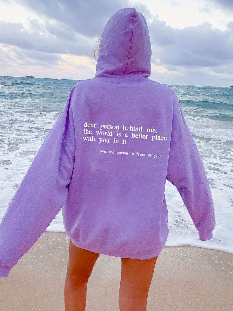 Foreign Trade Womens Velvet Sweatshirt Plain Slogan Printed Kangaroo Flap Pocket Pants Drawstring Printed Hoodie Purple