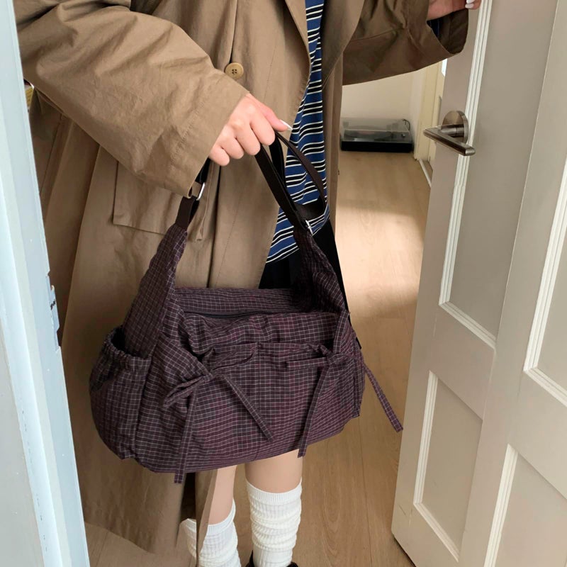 CATSEA Plaid Shoulder Bags For Women Bow Crossbody Bag Soft Messenger Purse Zipper Handbag Adjustable Shoulder Straps - Image 3