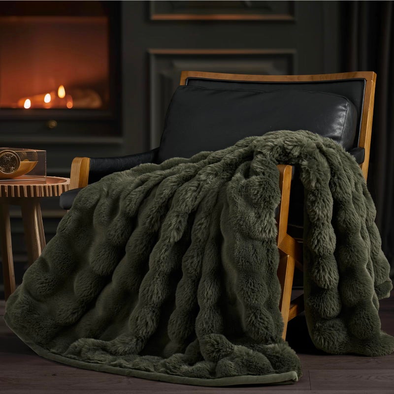 EVERGRACE Ultra Soft Luxury Fluffy Ridgeline Faux Rabbit Fur Throw Blanket  Thick Warm Bubble Throw for Bed  Cozy Plush Reversible Blankets for Couch  Chair  Sofa  Green  50x60 Inches  870 GSM - Image 1