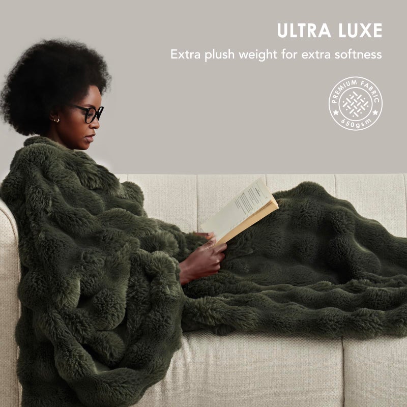 EVERGRACE Ultra Soft Luxury Fluffy Ridgeline Faux Rabbit Fur Throw Blanket  Thick Warm Bubble Throw for Bed  Cozy Plush Reversible Blankets for Couch  Chair  Sofa  Green  50x60 Inches  870 GSM - Image 3