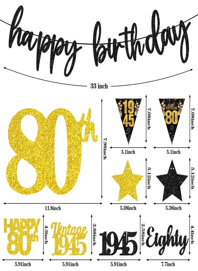 Guiruiy 12PCS 80th Birthday Decorations for Men Women, Black Gold Vintage 1945 Happy 80th Birthday Banner Triangle Flag Banner Glitter Hanging Swirls Party Supplies, Cheers to 80 Years Old Bday Decor - Image 2