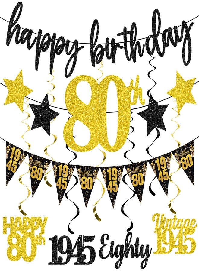 Guiruiy 12PCS 80th Birthday Decorations for Men Women, Black Gold Vintage 1945 Happy 80th Birthday Banner Triangle Flag Banner Glitter Hanging Swirls Party Supplies, Cheers to 80 Years Old Bday Decor - Image 1