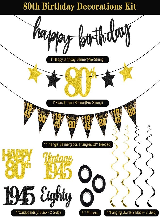 Guiruiy 12PCS 80th Birthday Decorations for Men Women, Black Gold Vintage 1945 Happy 80th Birthday Banner Triangle Flag Banner Glitter Hanging Swirls Party Supplies, Cheers to 80 Years Old Bday Decor - Image 4