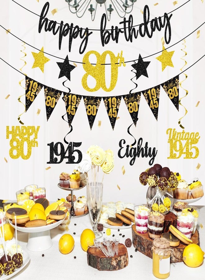 Guiruiy 12PCS 80th Birthday Decorations for Men Women, Black Gold Vintage 1945 Happy 80th Birthday Banner Triangle Flag Banner Glitter Hanging Swirls Party Supplies, Cheers to 80 Years Old Bday Decor - Image 5