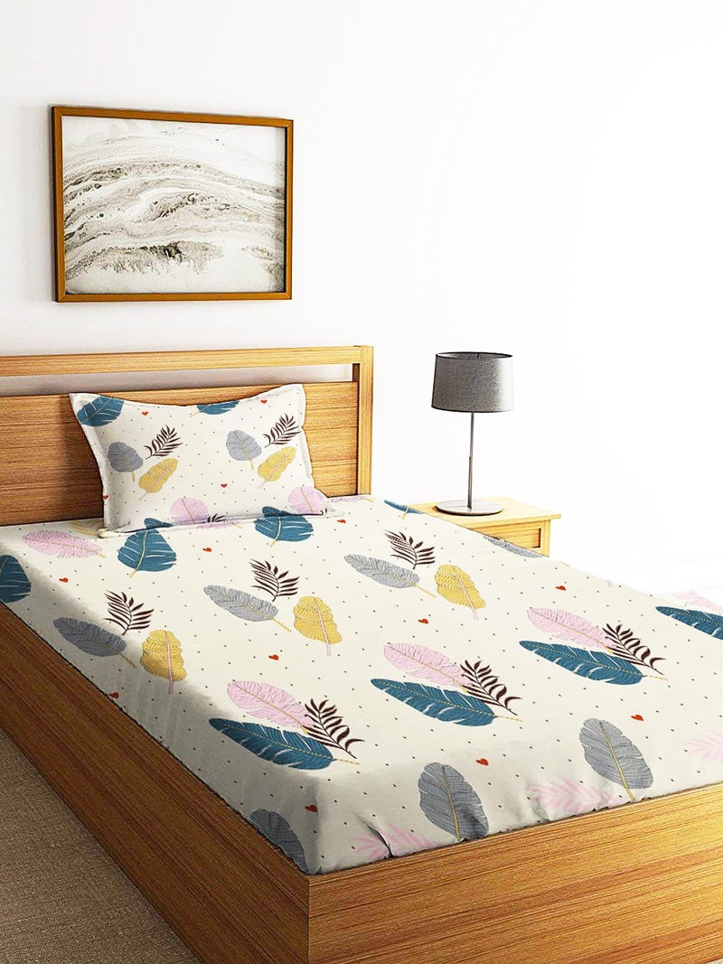 STARNSTYLE Premium 160 TC Ezyption Cotton Bedsheet for Single Bed with 1 Pillow Covers Cream and White Pankh