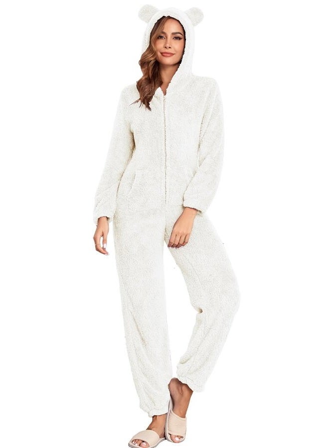 HOTIAN Fleece Onesie Pajamas for Women Fuzzy Sherpa Hooded Romper One Piece Winter Sleepwear Flannel Pajama Jumpsuit(Beige-M) - Image 1