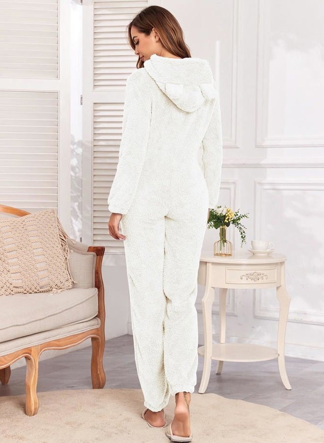 HOTIAN Fleece Onesie Pajamas for Women Fuzzy Sherpa Hooded Romper One Piece Winter Sleepwear Flannel Pajama Jumpsuit(Beige-M) - Image 4