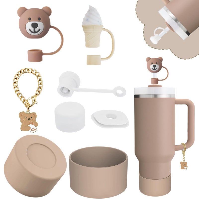 vikgle Stanley Cup Accessories Set,Including 2 Pcs 0.4in Straw Cover, 1 Silicone Spill-Proof Stopper Set of 3, 1 Cute Bear Handle Charm, 1 Silicone Boot Fits Stanley 40&30 Oz Tumbler (Almond Rose) - Image 1