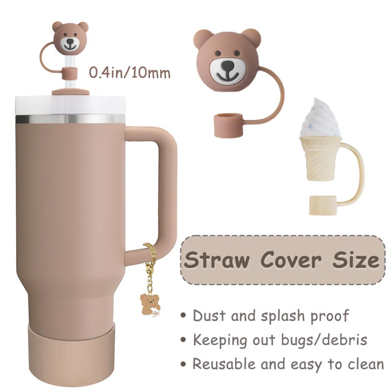 vikgle Stanley Cup Accessories Set,Including 2 Pcs 0.4in Straw Cover, 1 Silicone Spill-Proof Stopper Set of 3, 1 Cute Bear Handle Charm, 1 Silicone Boot Fits Stanley 40&30 Oz Tumbler (Almond Rose) - Image 2