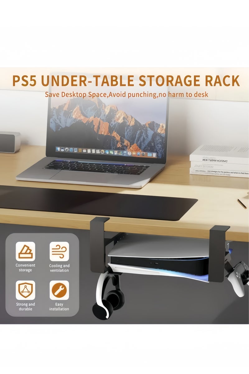 No-Drill PS5 Under Desk Stand - Compatible for PS5, PS5 Slim Disc and PS5 Digital Editions, Horizontal Fixed Storage Rack with Cooling Dust Protection Controller and Headphone Dock, Perfect Gift for Esport Fans - Image 1