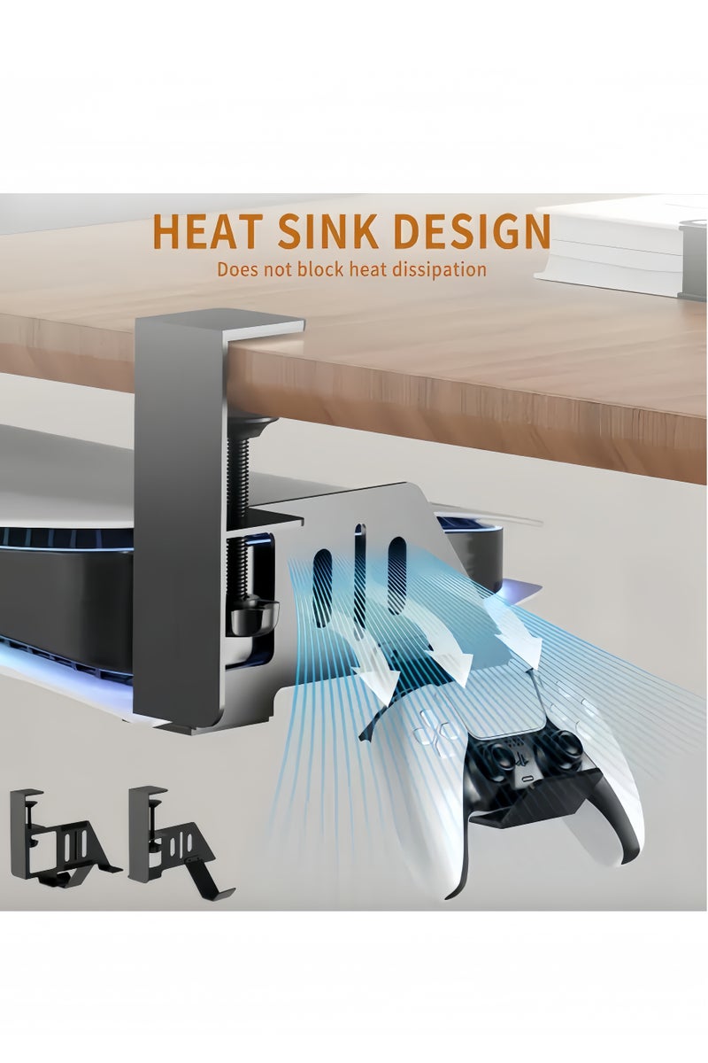 No-Drill PS5 Under Desk Stand - Compatible for PS5, PS5 Slim Disc and PS5 Digital Editions, Horizontal Fixed Storage Rack with Cooling Dust Protection Controller and Headphone Dock, Perfect Gift for Esport Fans - Image 2