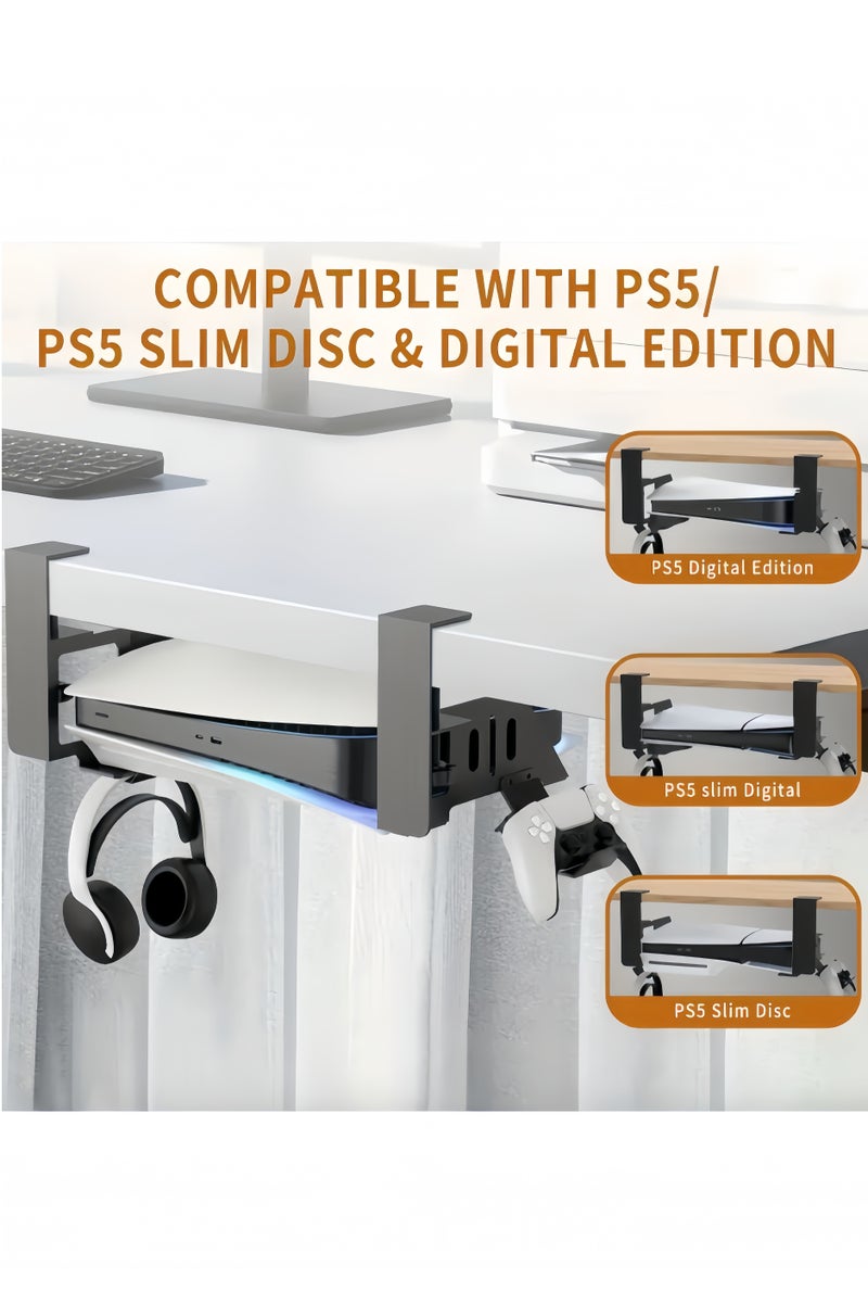 No-Drill PS5 Under Desk Stand - Compatible for PS5, PS5 Slim Disc and PS5 Digital Editions, Horizontal Fixed Storage Rack with Cooling Dust Protection Controller and Headphone Dock, Perfect Gift for Esport Fans - Image 3