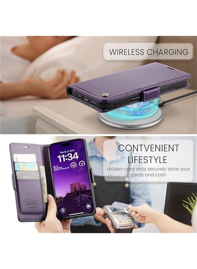 Purple PU Leather RFID Blocking Wallet Case for iPhone 16 Pro Max with Credit Card Holder, Folio Flip Kickstand, Magnetic Clasp, and Protective Cover. Ideal for Men and Women. - Image 2
