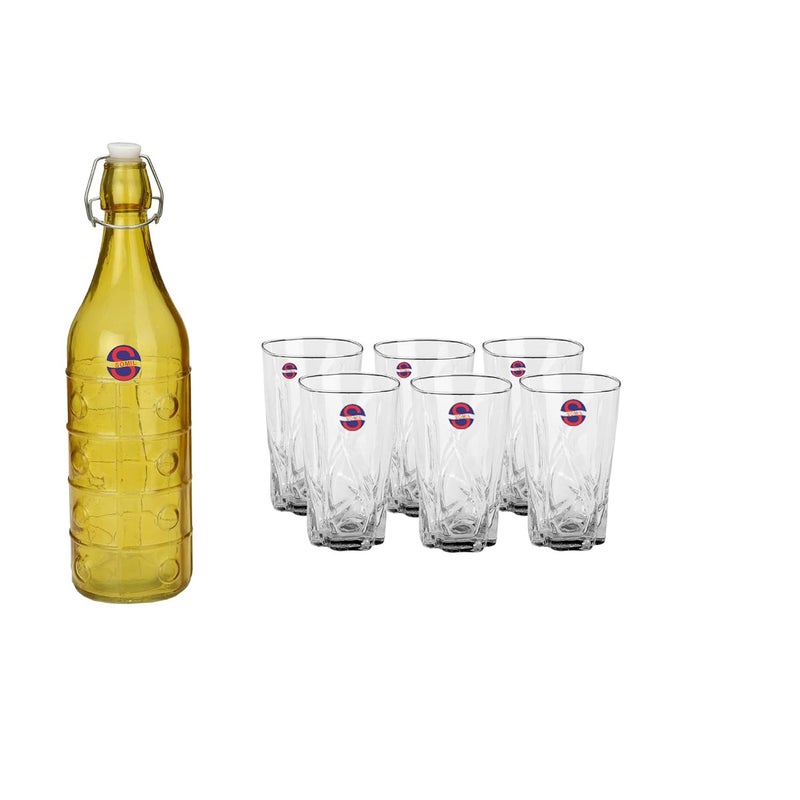 Somil Glass and Bottle Water Other Hot Cold Beverage Serving Set for Home Bar Restaurant 6 Glasses 1 Lt Bottle Yellow Transparent - Image 1